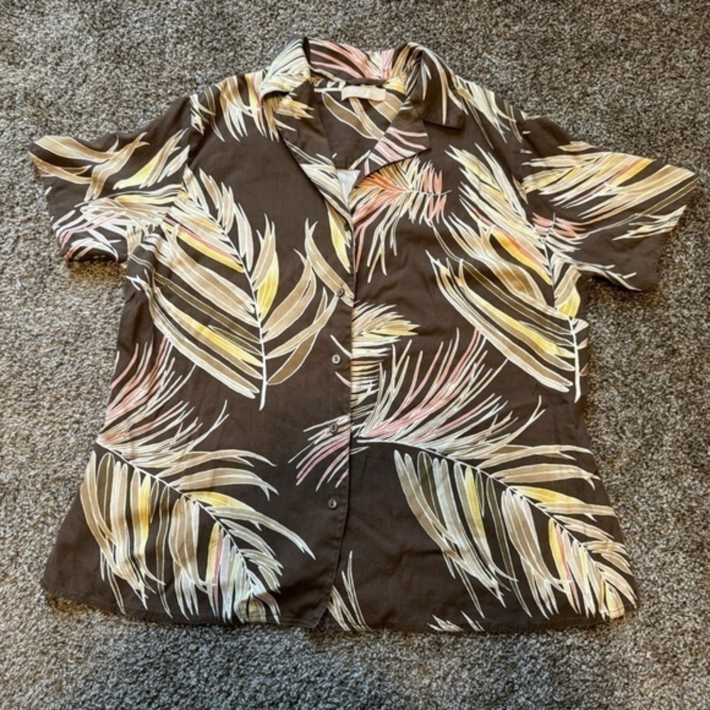 Kate Hill Silk short sleeve button down Hawaiian tropical palm leaves shirt 2X